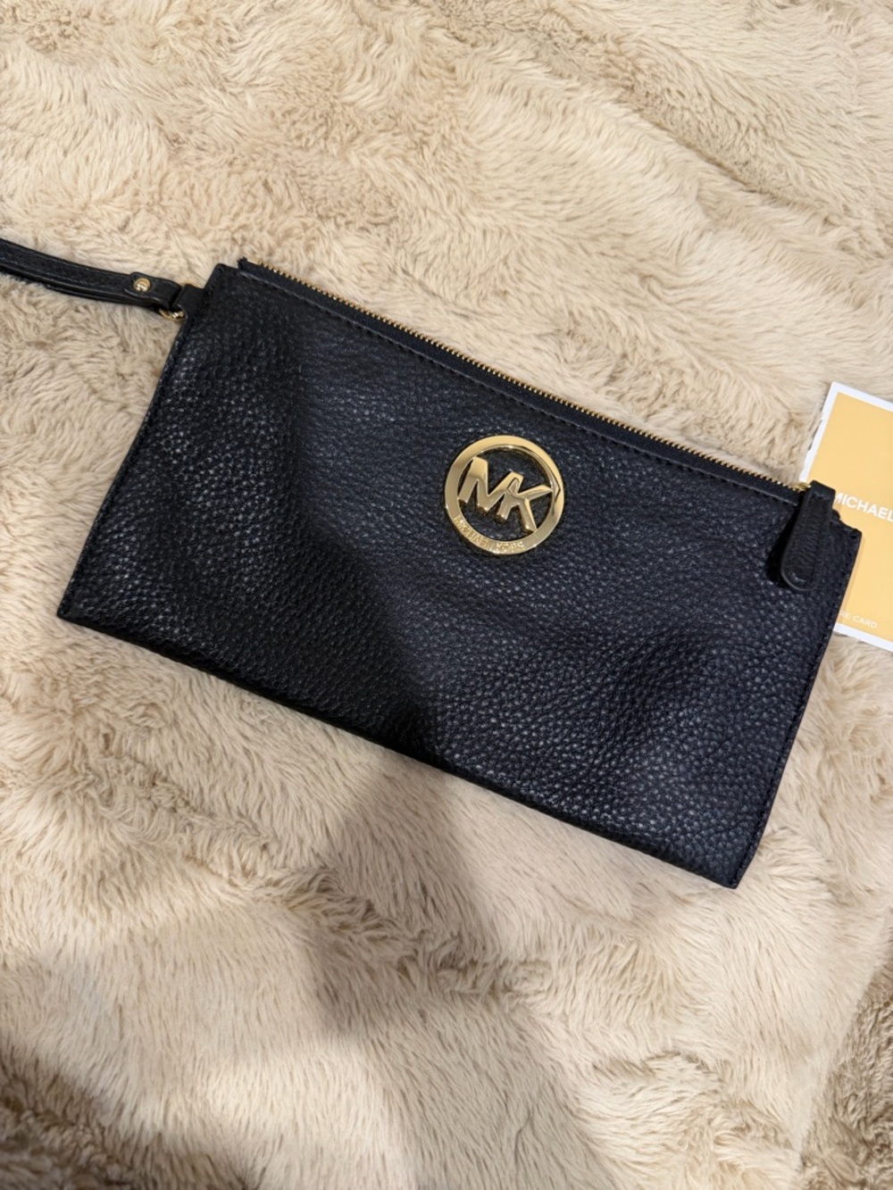 Michael Kors Black Pebbled Leather Wristlet with Gold MK Emblem
